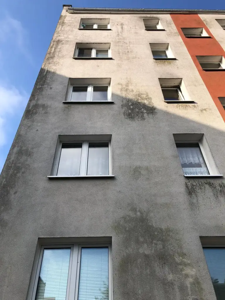 Elewacja bloku mieszkalnego przed czyszczeniem - zacieki i ciemne naloty