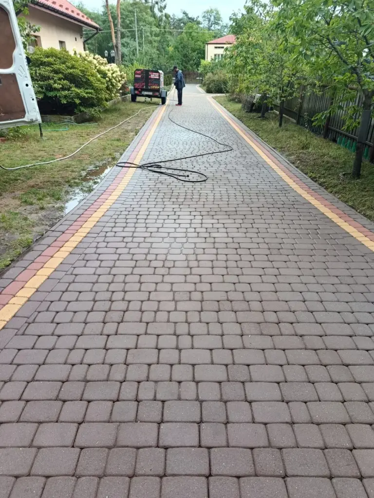 Ścieżka z kostki brukowej w ogrodzie podczas mycia